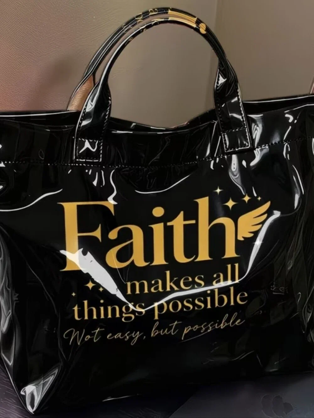 Inspirational Faith Bkack Gold Color Hand Tote Bag